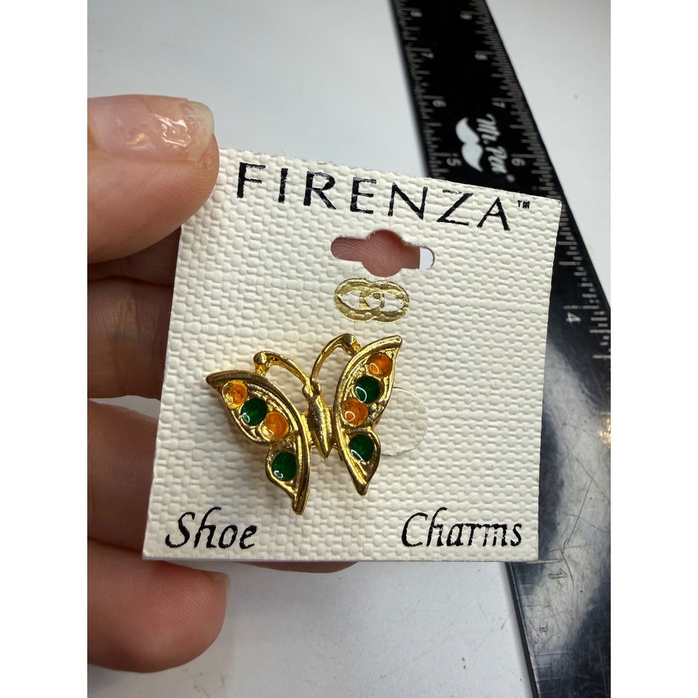 Firenza Butterfly Shoe Charm Gold Tone Green Orange Enamel Lace Accessory